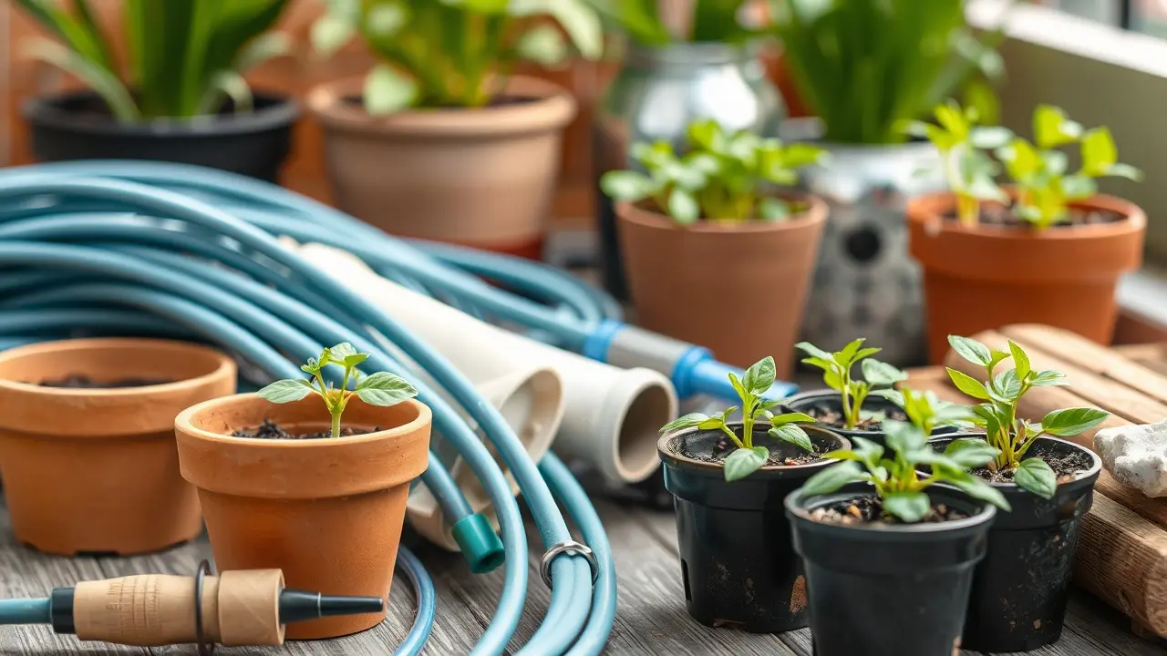 Tropfbewässerung Set für den Balkon mit dünner Verteilerleitung und Tropfern in mehreren Pflanzgefäßen