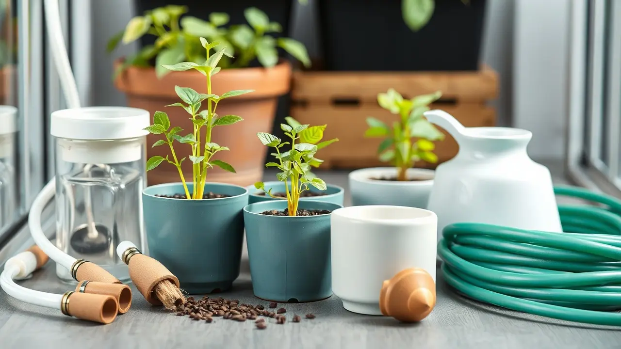 Balkon mit Blumenkästen und Kübeln, an denen eine dünne Tropfleitung mit Tropfern entlang der Brüstung befestigt ist