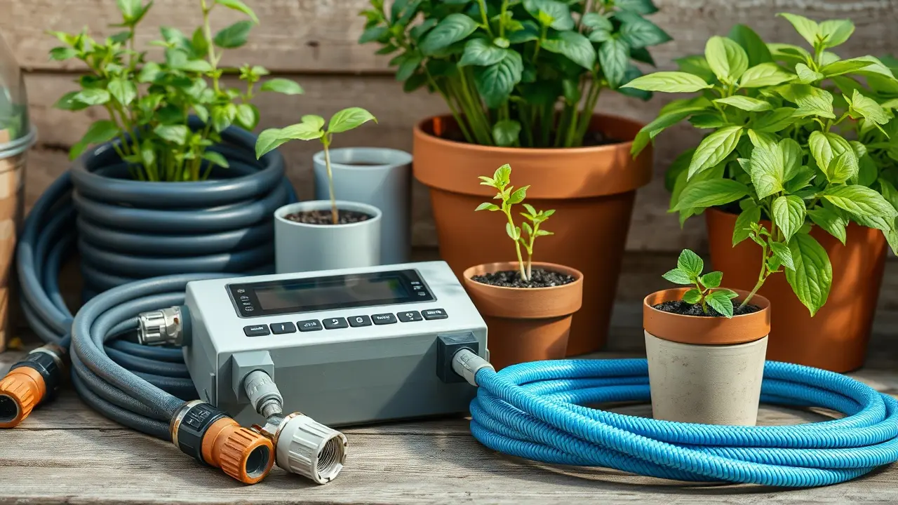 Bewässerungscomputer am Wasserhahn eines Balkons mit angeschlossenem Tropfschlauch, der zu mehreren Blumenkästen führt