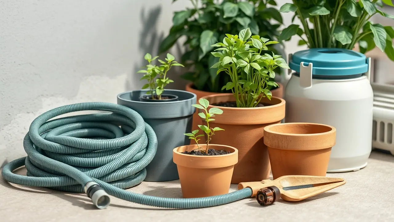 Mehrere selbstbewässernde Blumentöpfe und ein großer Balkonkübel mit Wasserspeicher stehen auf einem Balkon neben blühenden Pflanzen