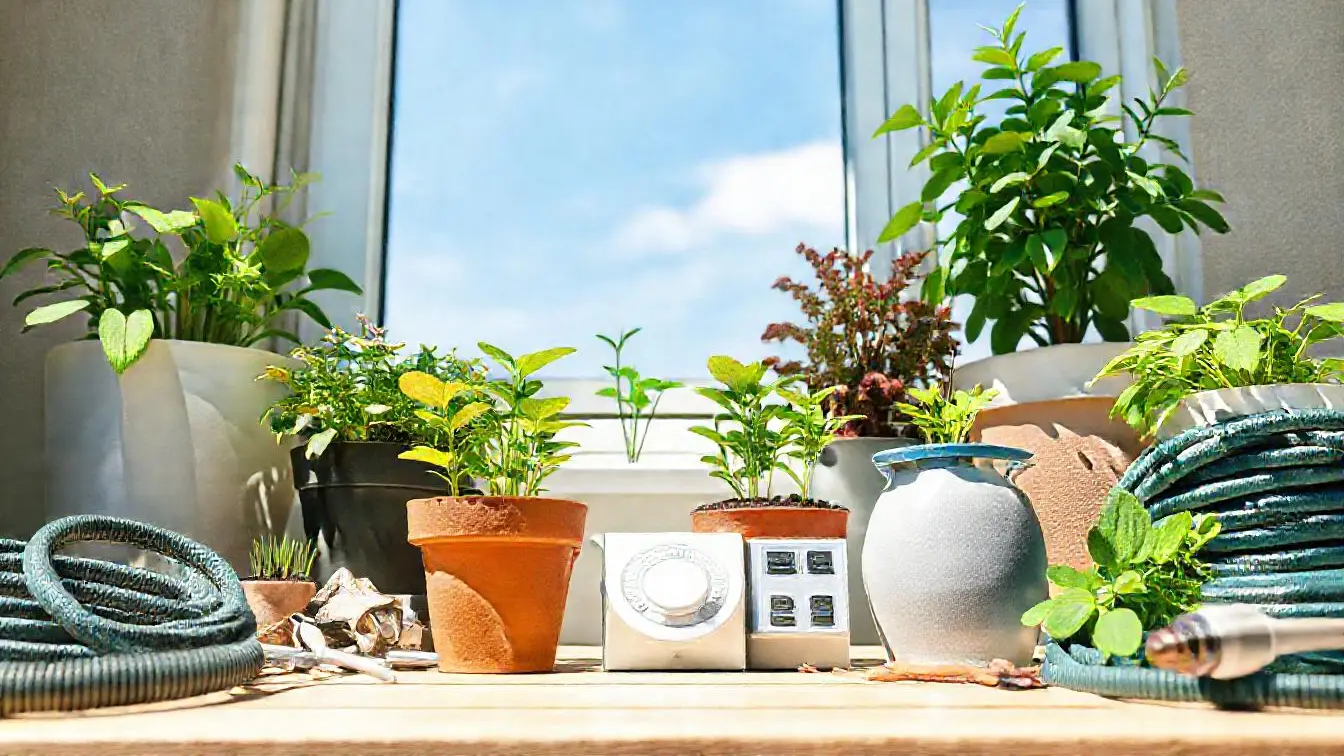 Bewässerungscomputer mit Schlauchanschlüssen auf einem Balkon neben bepflanzten Blumenkästen